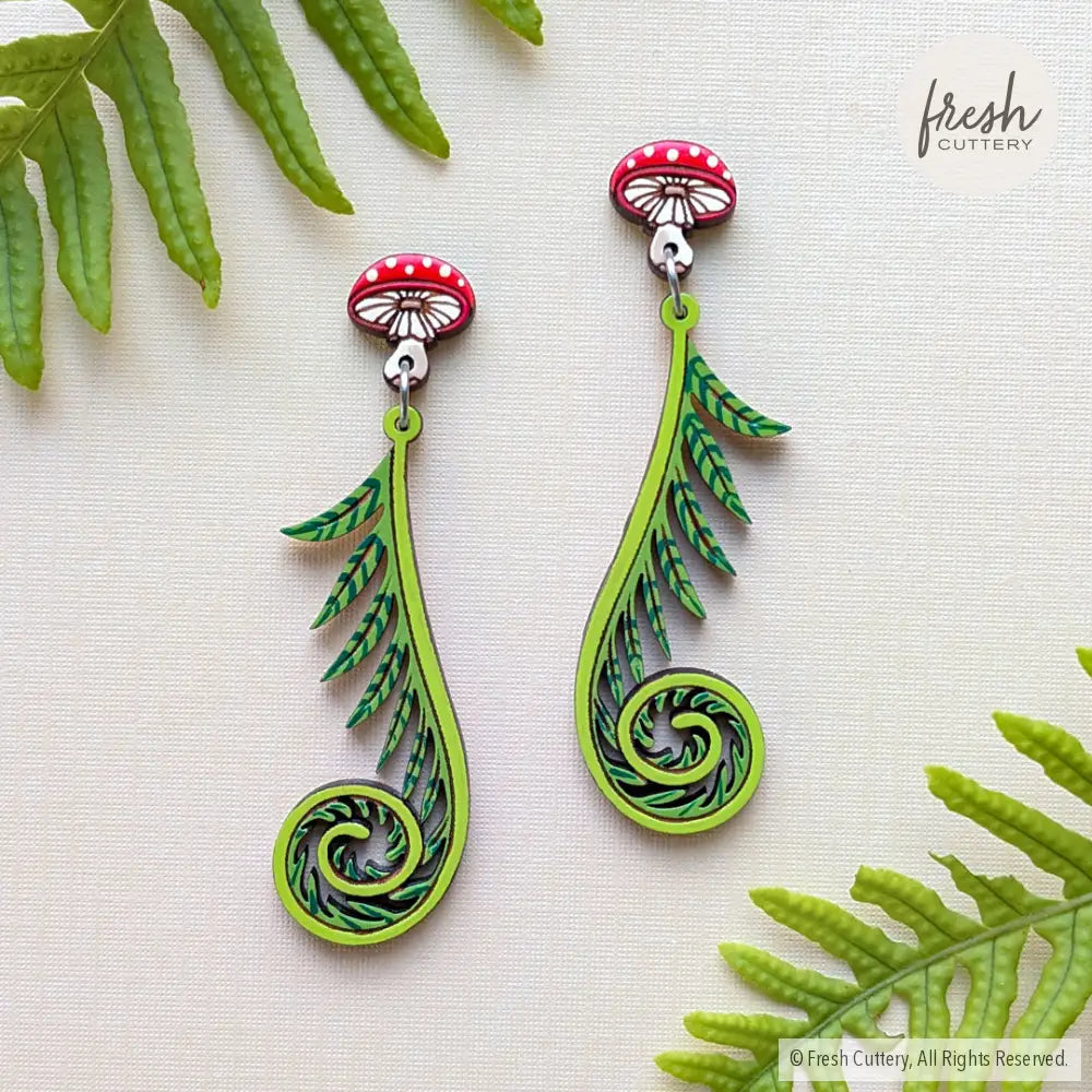 Fiddlehead Fern & Mushroom Earrings Silver Studs Dangle and Drop Earrings