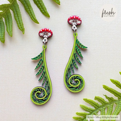 Fiddlehead Fern & Mushroom Earrings Silver Studs Dangle and Drop Earrings