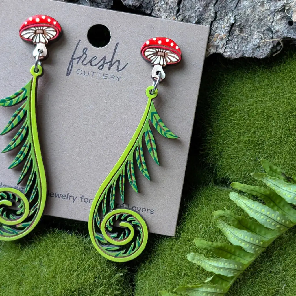 Fiddlehead Fern & Mushroom Earrings Dangle and Drop Earrings