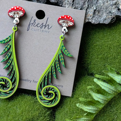 Fiddlehead Fern & Mushroom Earrings Dangle and Drop Earrings