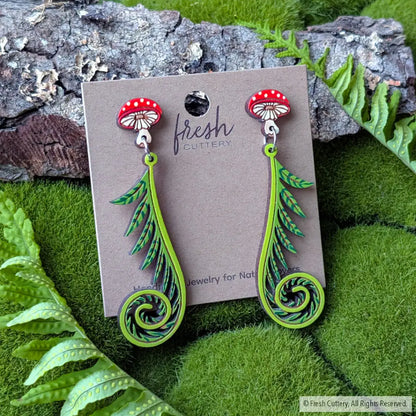 Fiddlehead Fern & Mushroom Earrings Dangle and Drop Earrings