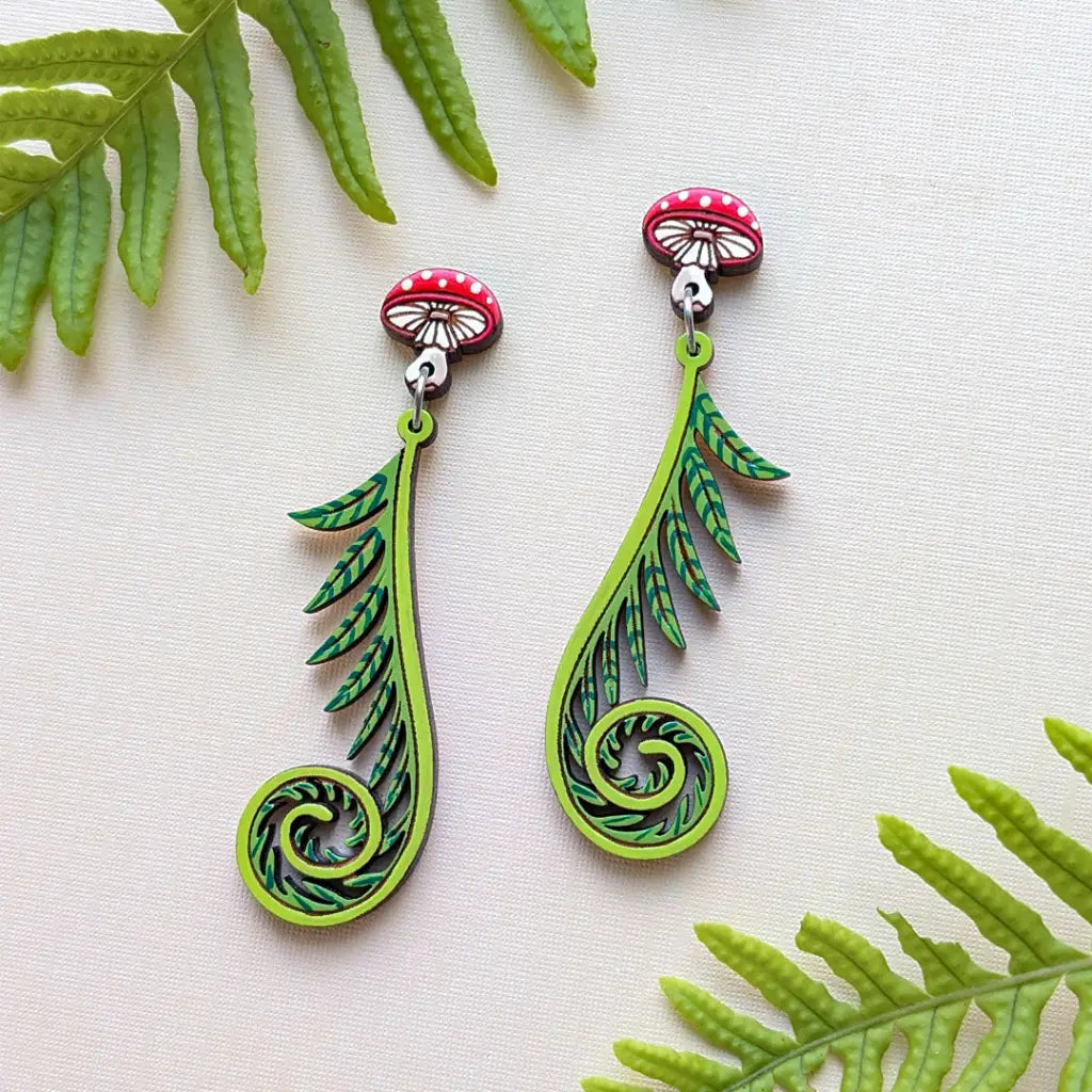 Fiddlehead Fern & Mushroom Earrings Dangle and Drop Earrings