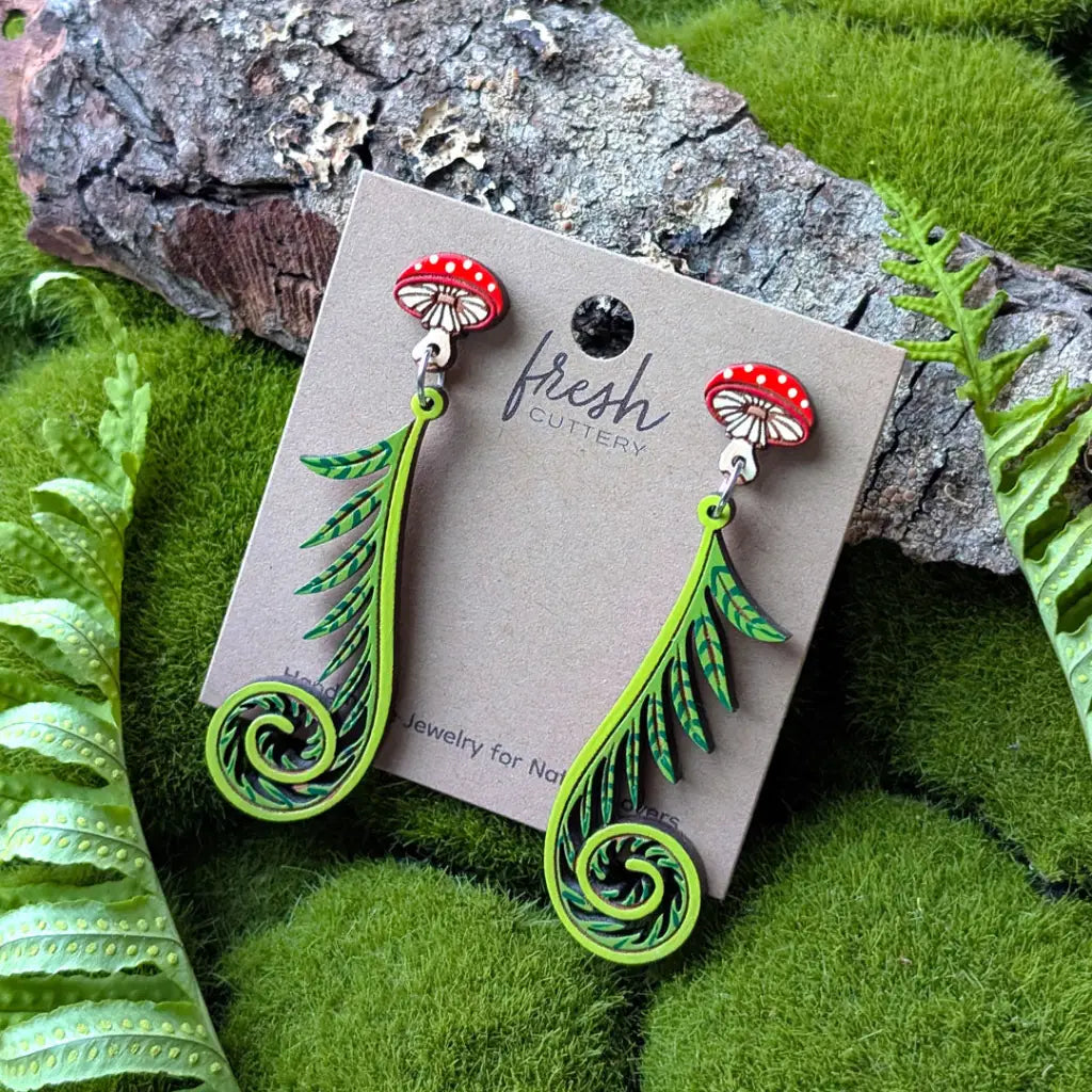 Fiddlehead Fern & Mushroom Earrings Dangle and Drop Earrings