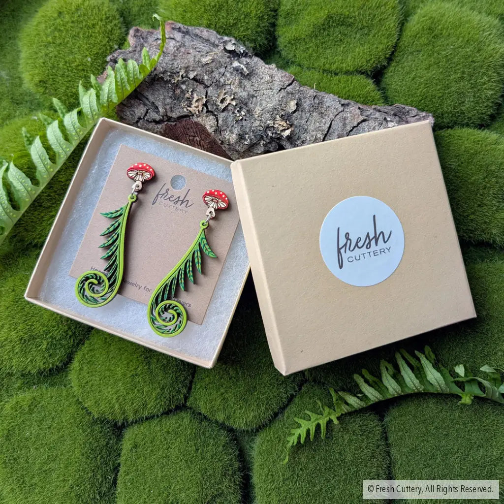 Fiddlehead Fern & Mushroom Earrings Dangle and Drop Earrings