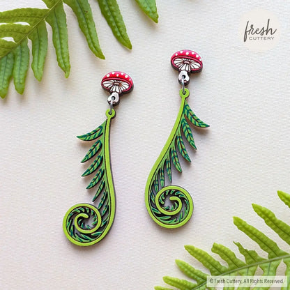 Fiddlehead Fern & Mushroom Earrings Dangle and Drop Earrings