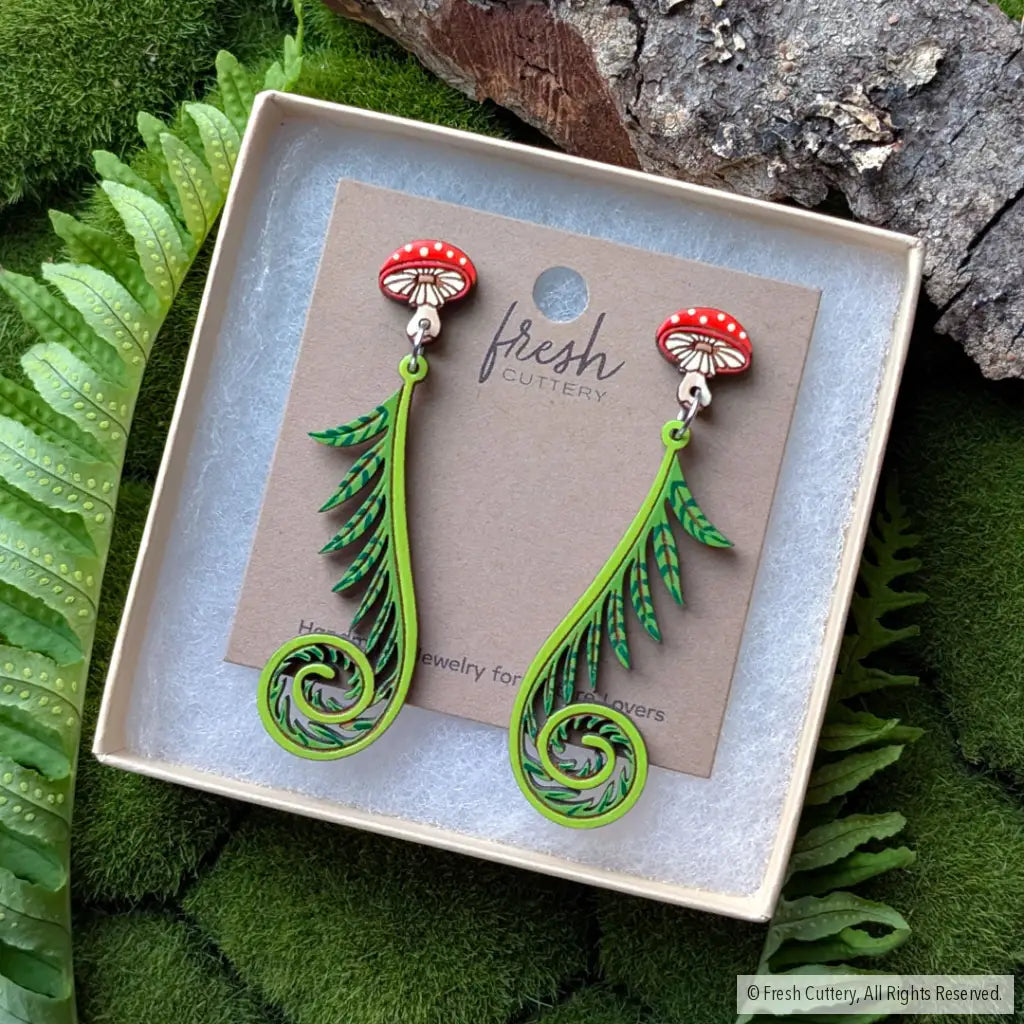 Fiddlehead Fern & Mushroom Earrings Dangle and Drop Earrings