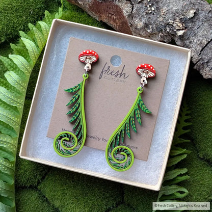 Fiddlehead Fern & Mushroom Earrings Dangle and Drop Earrings