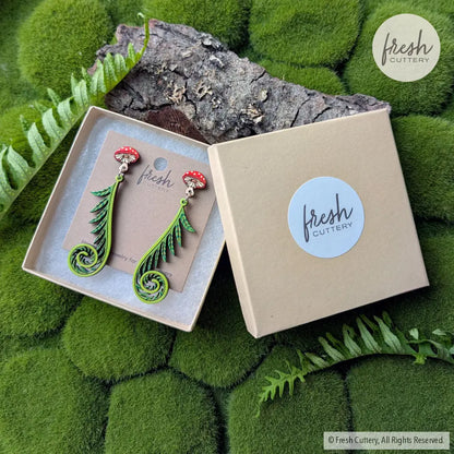 Fiddlehead Fern & Mushroom Earrings Dangle and Drop Earrings
