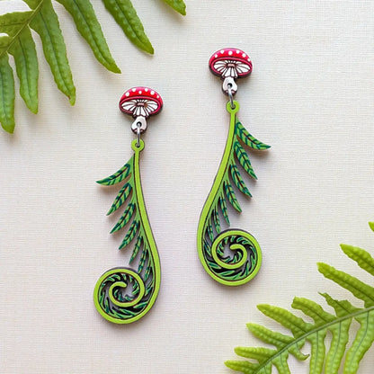 Fiddlehead Fern & Mushroom Earrings Silver Studs Dangle and Drop Earrings