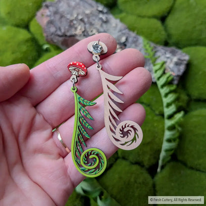 Fiddlehead Fern & Mushroom Earrings Dangle and Drop Earrings
