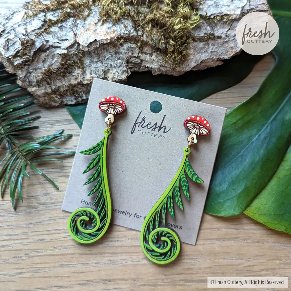 Fiddlehead Fern & Mushroom Earrings Dangle And Drop