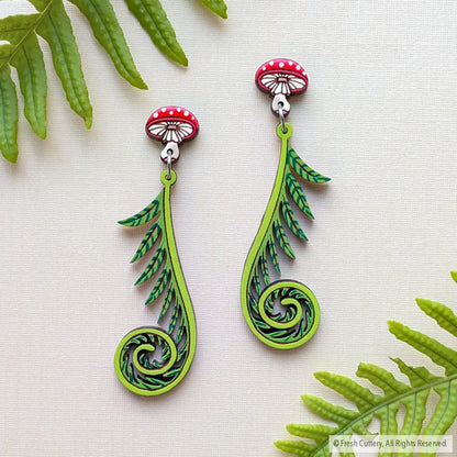 Fiddlehead Fern & Mushroom Earrings Silver Studs Dangle and Drop Earrings