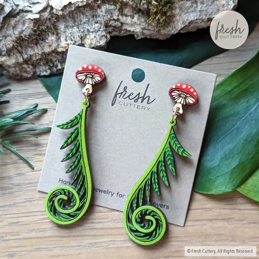 Fiddlehead Fern & Mushroom Earrings Dangle And Drop