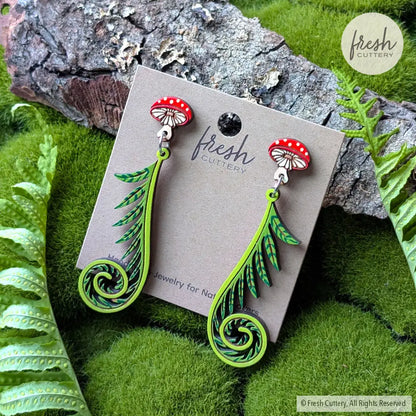 Fiddlehead Fern & Mushroom Earrings Dangle and Drop Earrings