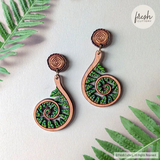 Fiddlehead Fern Spiral Earrings Wood Round Studs Dangle and Drop Earrings