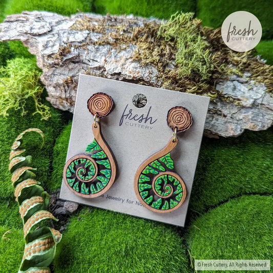 Fiddlehead Fern Spiral Earrings Wood Round Studs Dangle And Drop