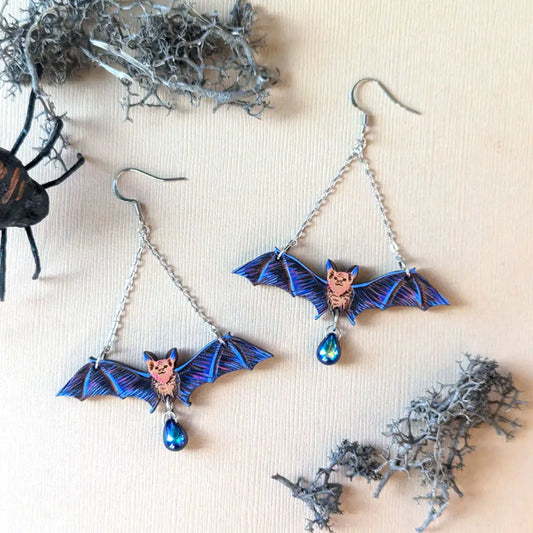 Flying Bat Earrings With Bead / Gold Dangle And Drop