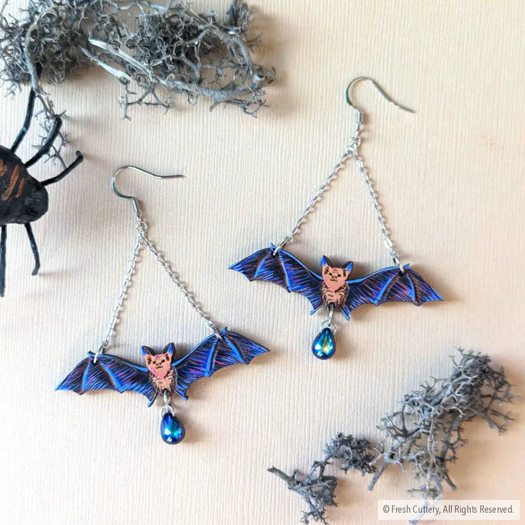 Flying Bat Earrings With Bead / Gold Dangle And Drop