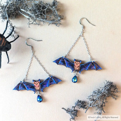 Flying Bat Earrings With Bead / Gold Dangle And Drop