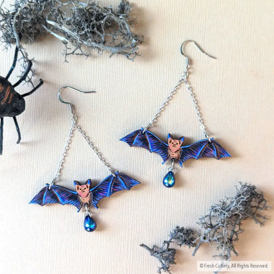 Flying Bat Earrings With Bead / Gold Dangle And Drop