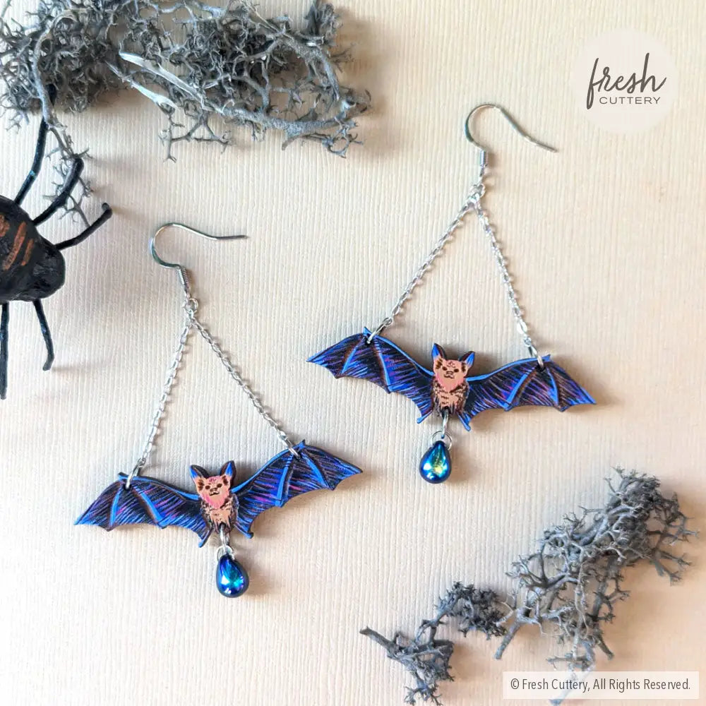 Flying Bat Earrings With Bead / Gold Dangle And Drop