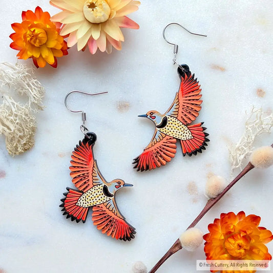 Flying Northern Flicker Statement Earrings - Dangle and Drop Earrings