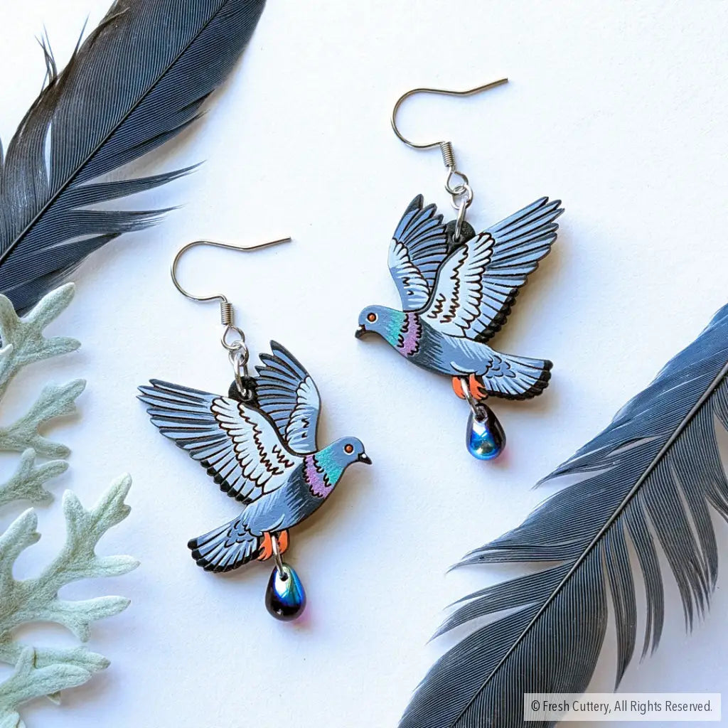 Flying Pigeon Earrings - Silver Ear Wires / With Bead - Dangle and Drop Earrings