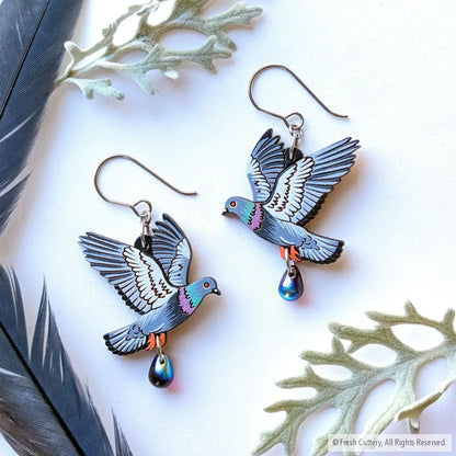 Flying Pigeon Earrings - Titanium Ear Wires / With Bead - Dangle and Drop Earrings