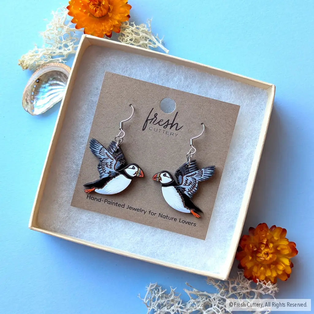 Flying Puffin Earrings - Dangle and Drop Earrings