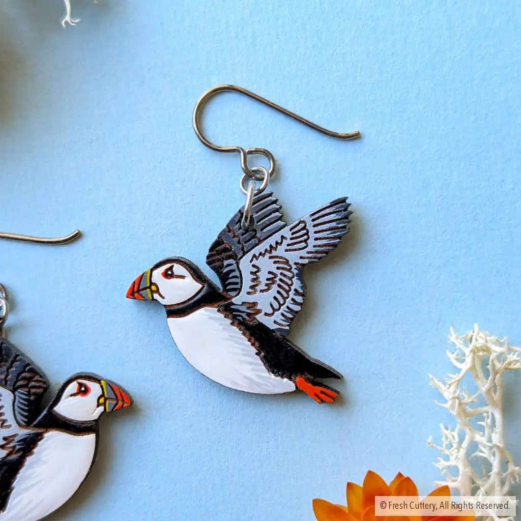 Flying Puffin Earrings - Dangle and Drop Earrings
