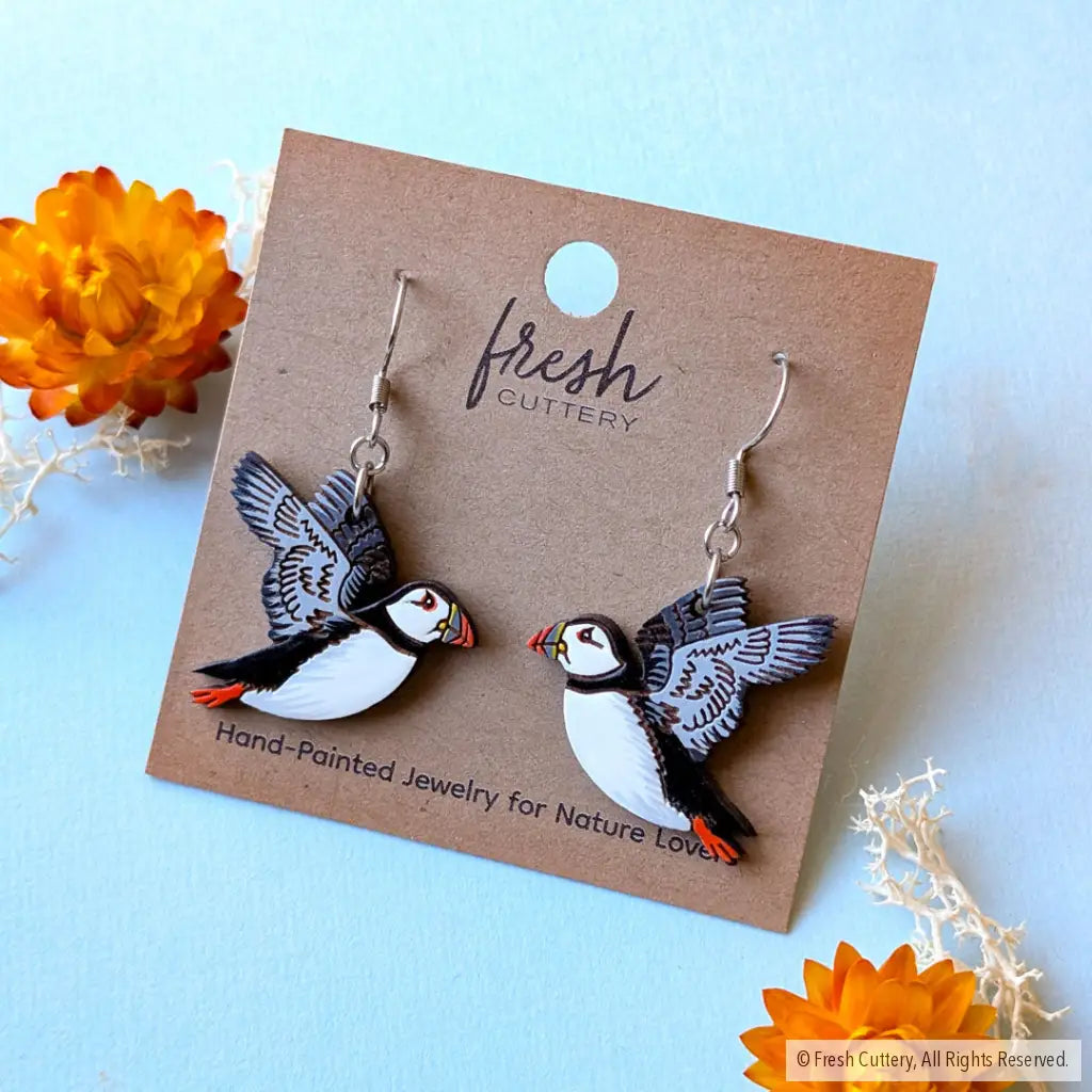 Flying Puffin Earrings - Dangle and Drop Earrings