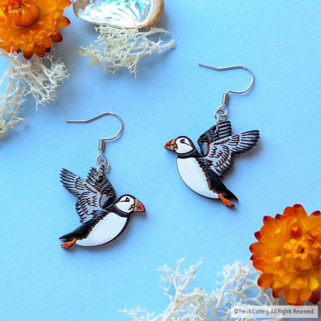 Flying Puffin Earrings - Dangle and Drop Earrings