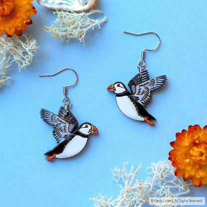 Flying Puffin Earrings - Silver Ear Wires - Dangle and Drop Earrings