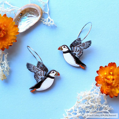 Flying Puffin Earrings - Silver Hoops - Dangle and Drop Earrings