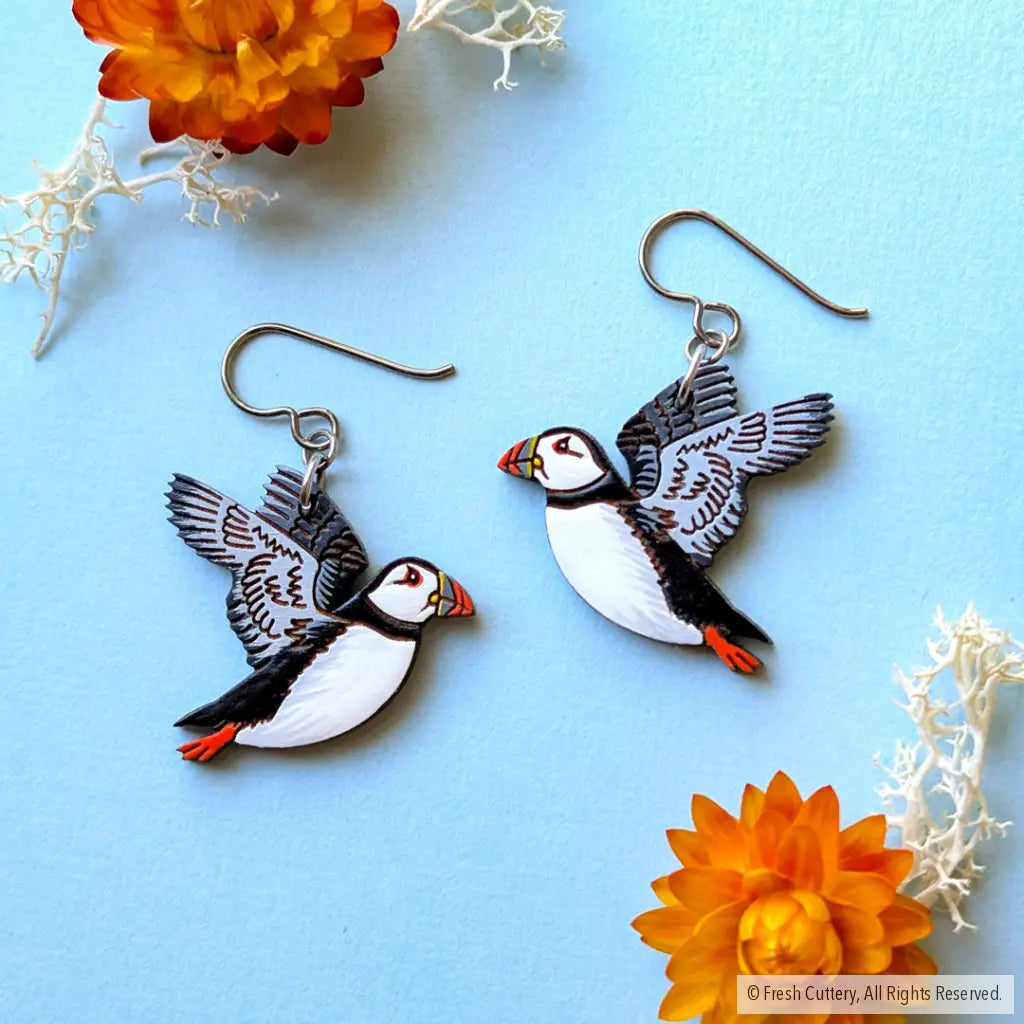 Flying Puffin Earrings - Titanium Ear Wires - Dangle and Drop Earrings
