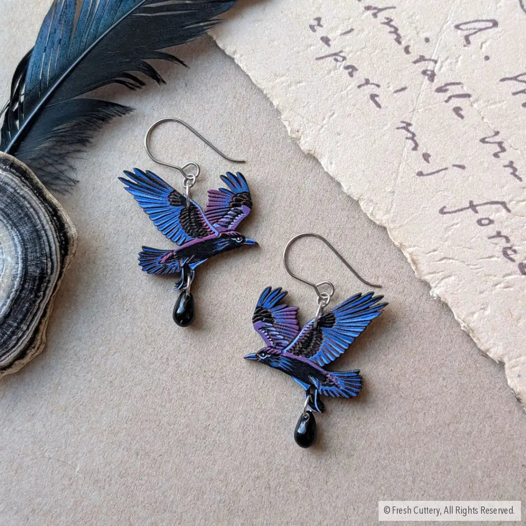 Flying Raven Earrings - Titanium Ear Wires / 1. Black Teardrops - Dangle and Drop Earrings