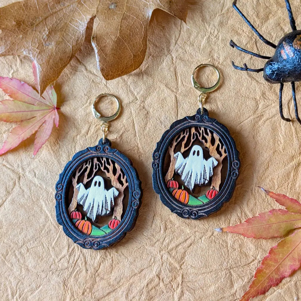 Framed Sheet Ghost Earrings Gold Leverbacks Dangle and Drop Earrings