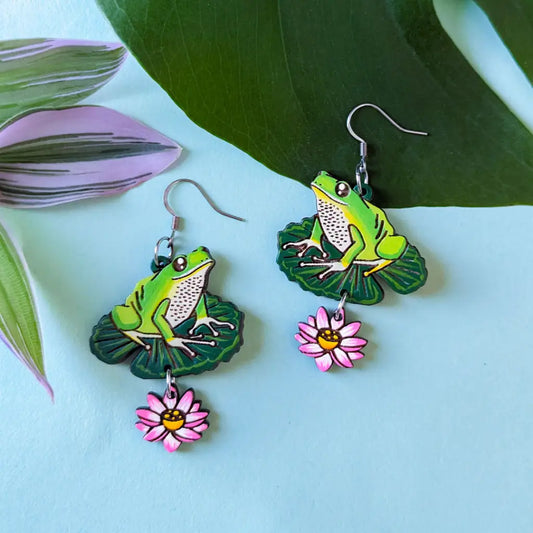 Tree Frog Statement Earrings Silver Ear Wires Dangle And Drop