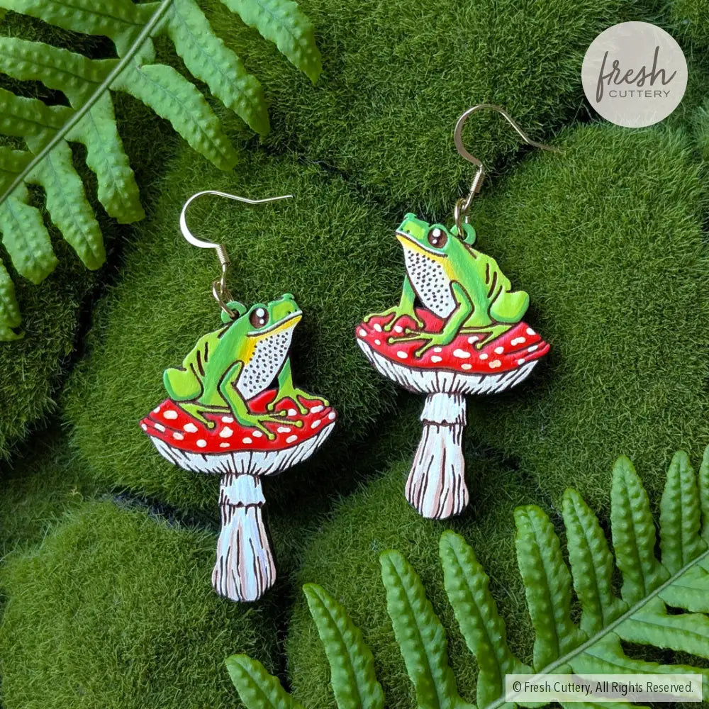 Frog Mushroom Earrings Gold Ear Wires Dangle and Drop Earrings
