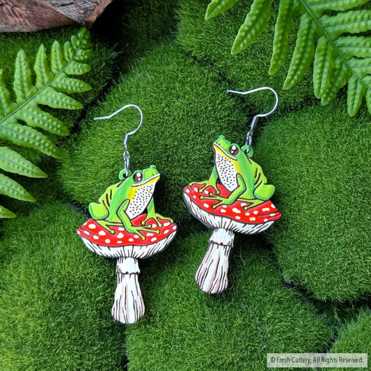 Frog Mushroom Earrings Silver Ear Wires Dangle and Drop Earrings
