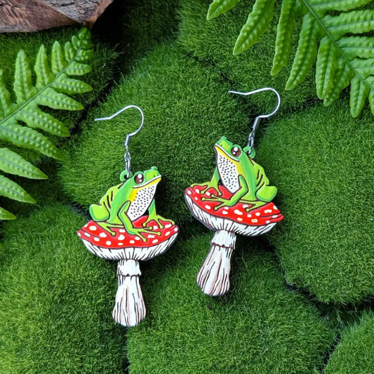 Frog Mushroom Earrings Silver Ear Wires Dangle and Drop Earrings