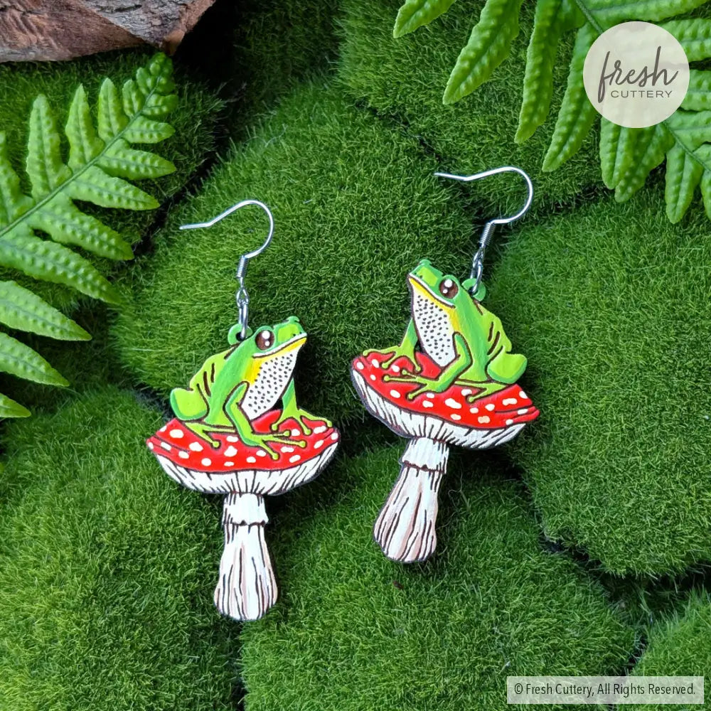Frog Mushroom Earrings Silver Ear Wires Dangle and Drop Earrings
