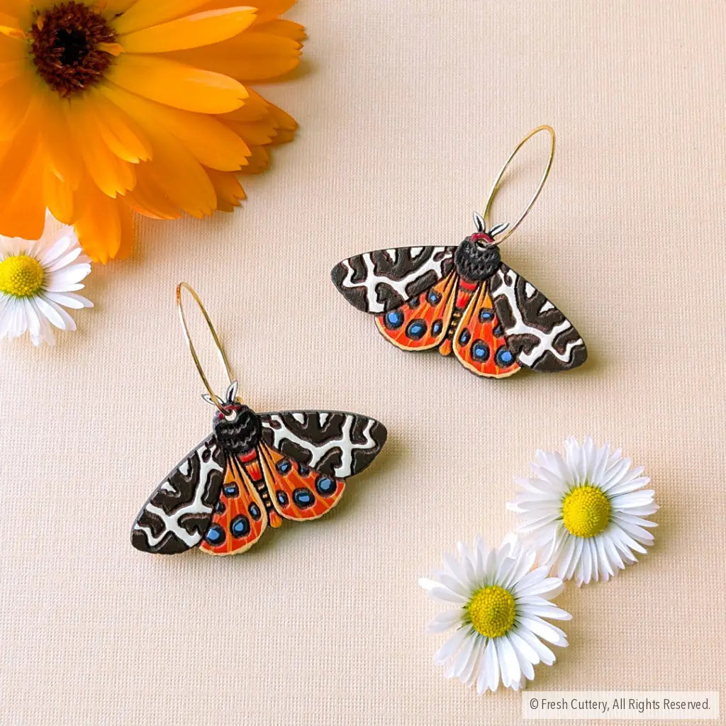 Garden Tiger Moth Earrings - Gold Hoops - Dangle and Drop Earrings