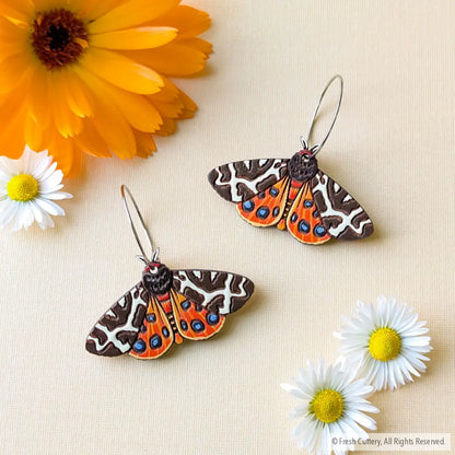 Garden Tiger Moth Earrings - Silver Hoops - Dangle and Drop Earrings
