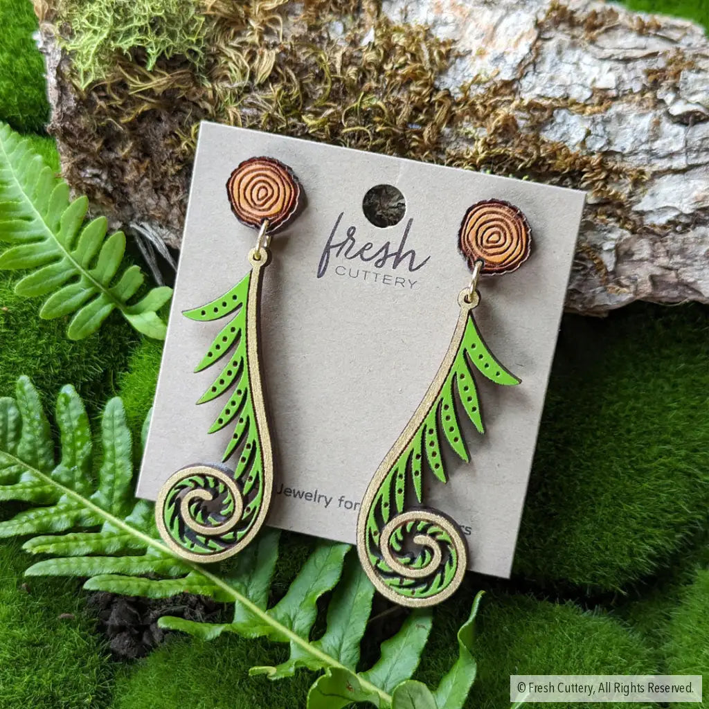 Golden Fiddlehead Fern Earrings Dangle And Drop