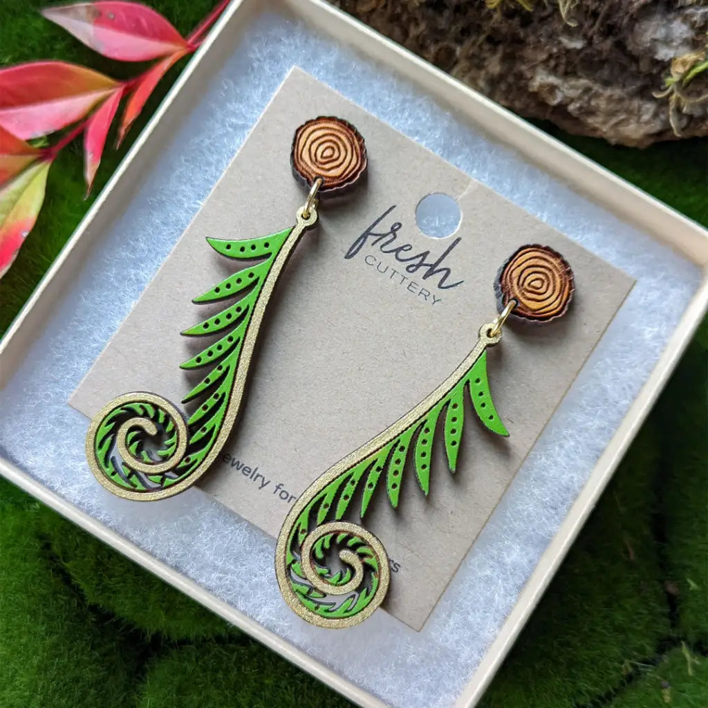 Golden Fiddlehead Fern Earrings Dangle And Drop