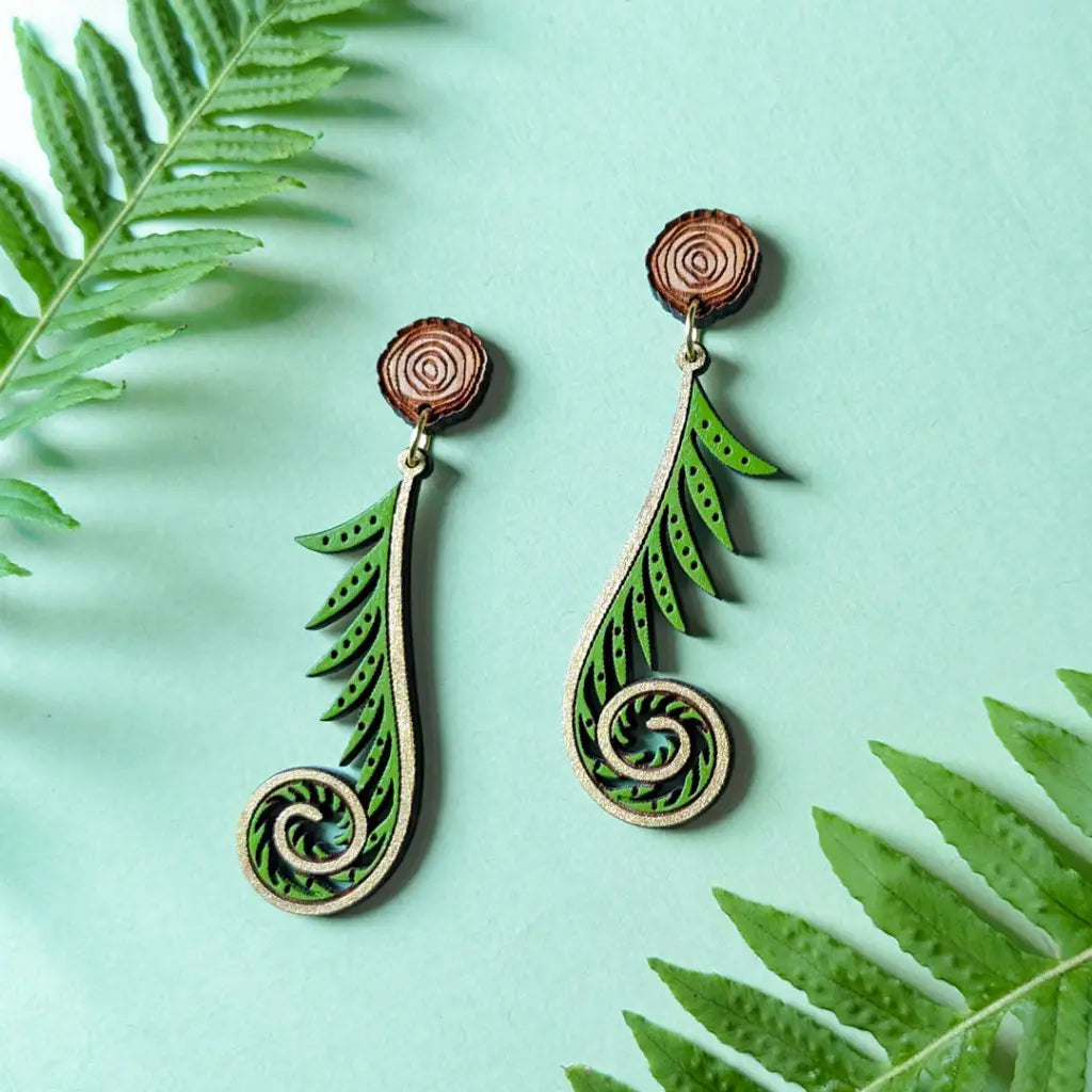 Golden Fiddlehead Fern Earrings Dangle And Drop