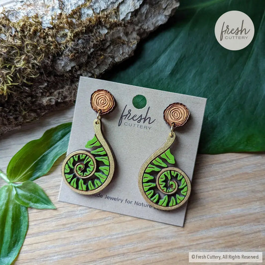 Golden Fiddlehead Fern Spiral Earrings Etched Wood Rounds Dangle And Drop