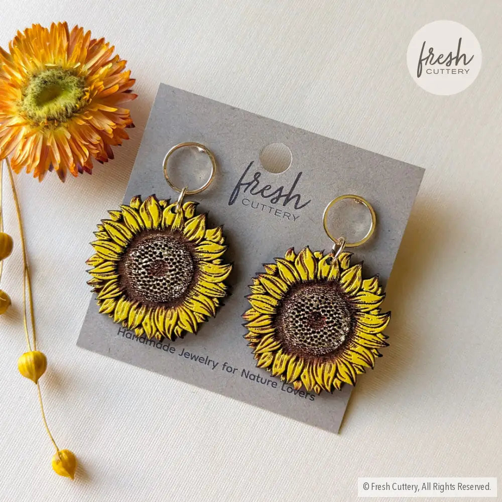 Golden Sunflower Earrings Gold Circle Posts Dangle And Drop