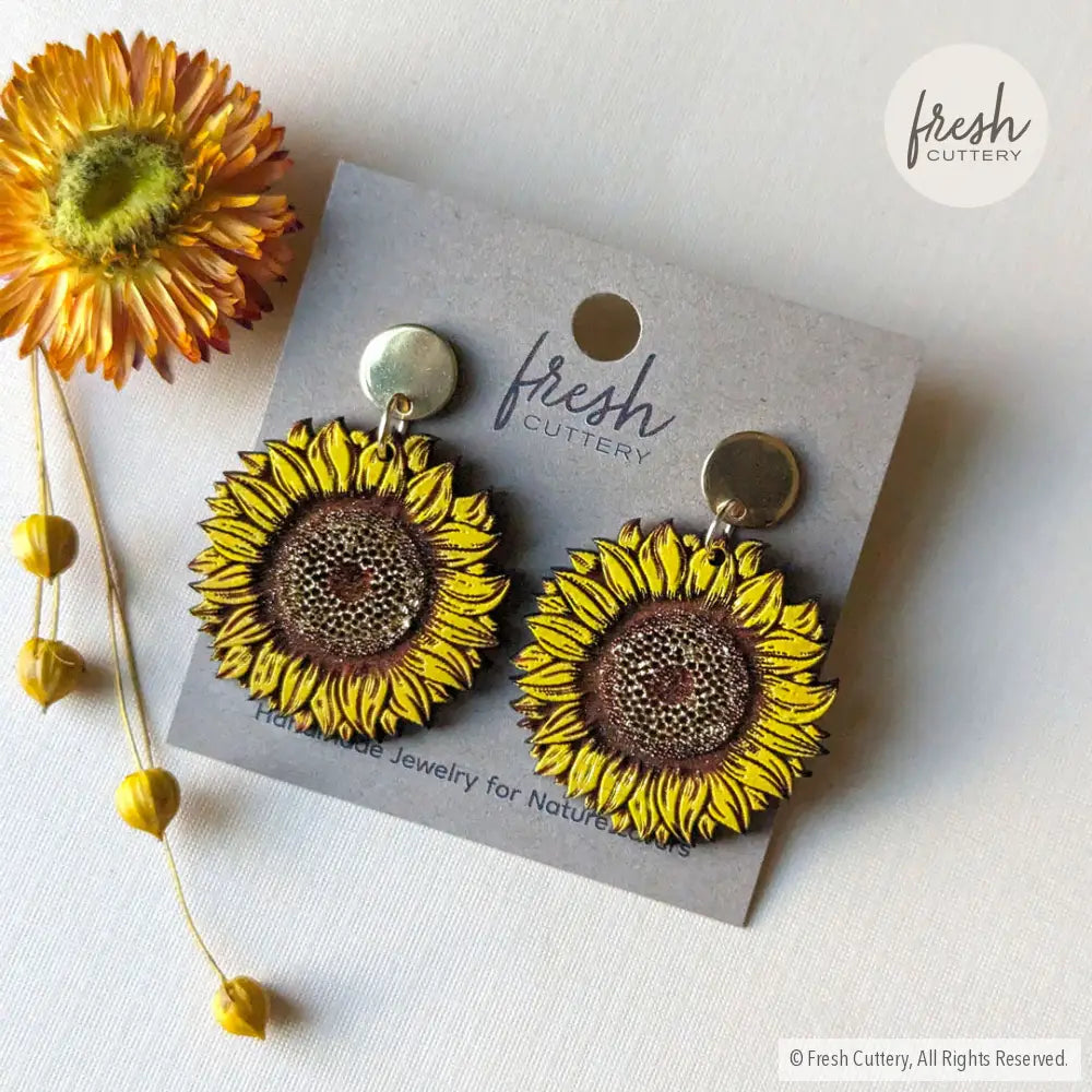 Golden Sunflower Earrings Gold Round Posts Dangle And Drop